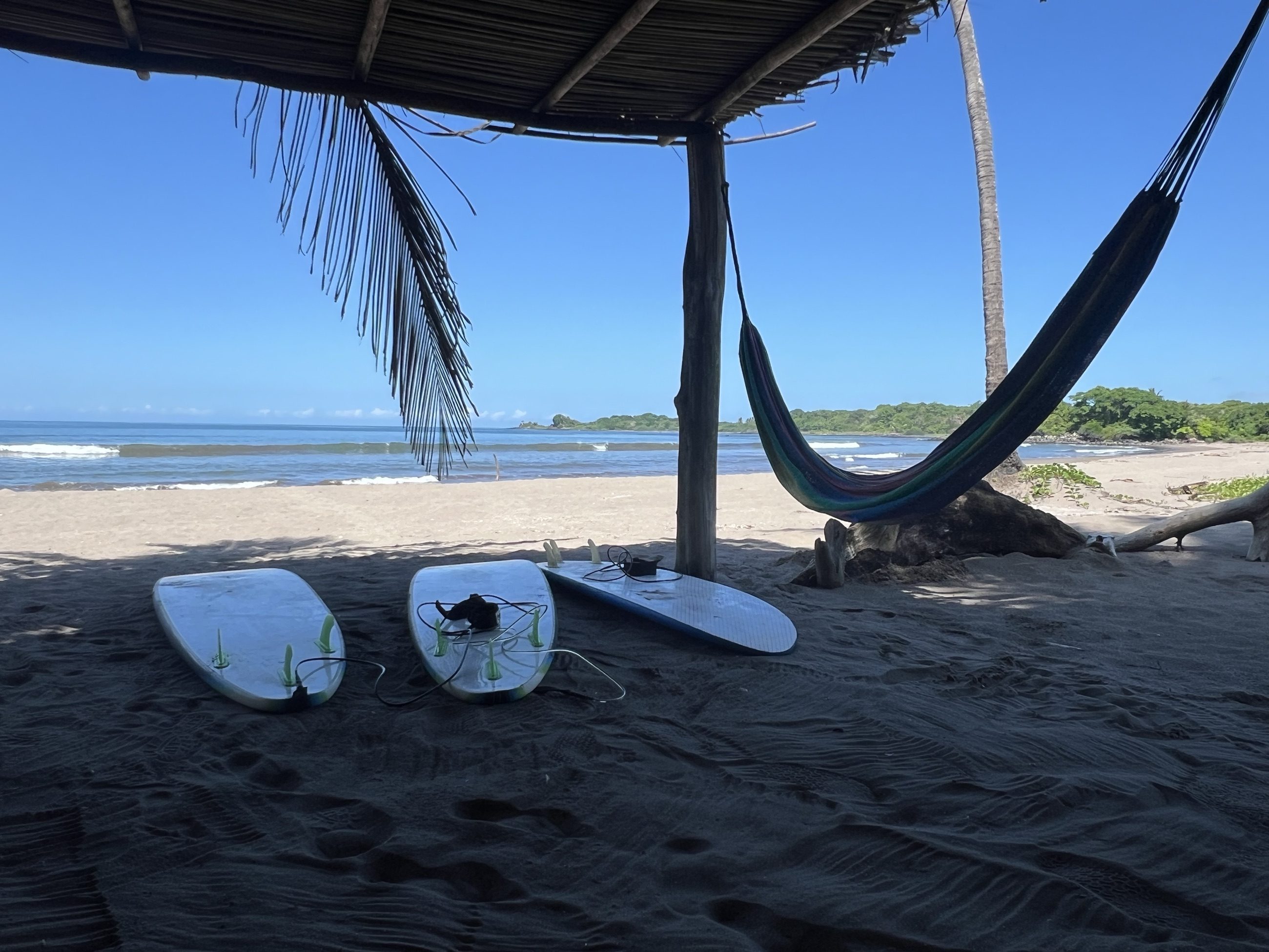 Hamacas colgadas bajo una palapa frente a la playa